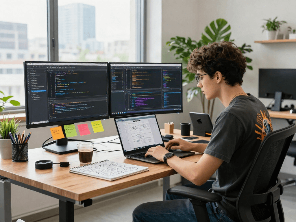 Developer engaging with the pikashow app in a sleek workspace, showcasing modern tech productivity.