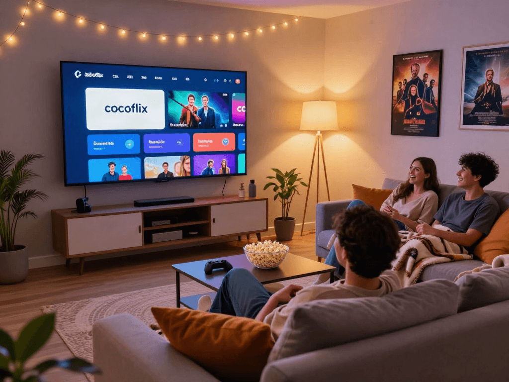 Young adults enjoying a movie night using the cocoflix app in a cozy home media room.