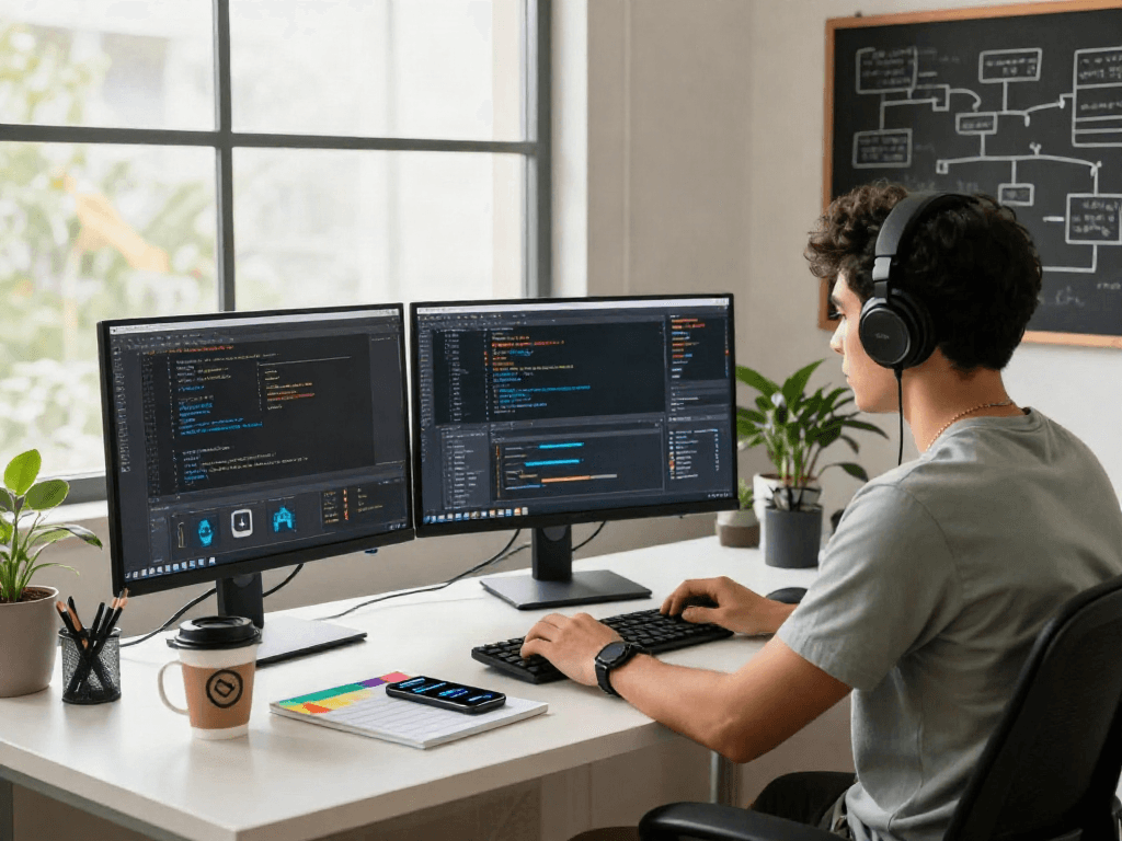 Workspace modern dengan insinyur perangkat lunak bekerja menggunakan 快连 pada banyak layar, suasana yang cerah dan inspiratif.