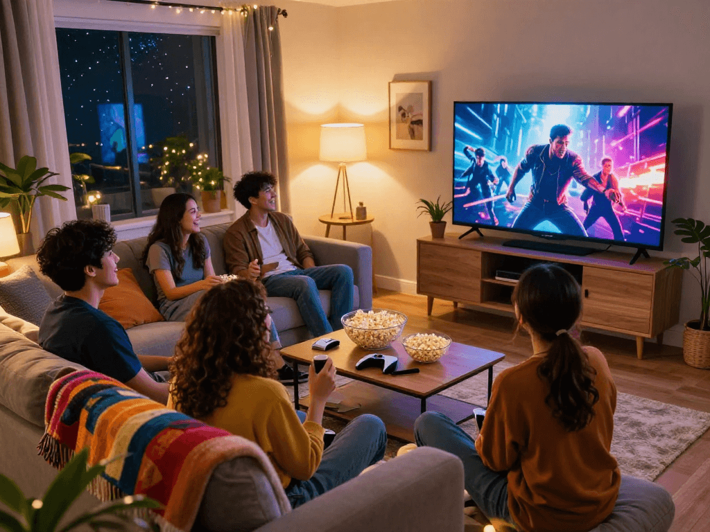 Friends enjoying a movie night with the Moviebox app on a large screen, cozy living room vibe.