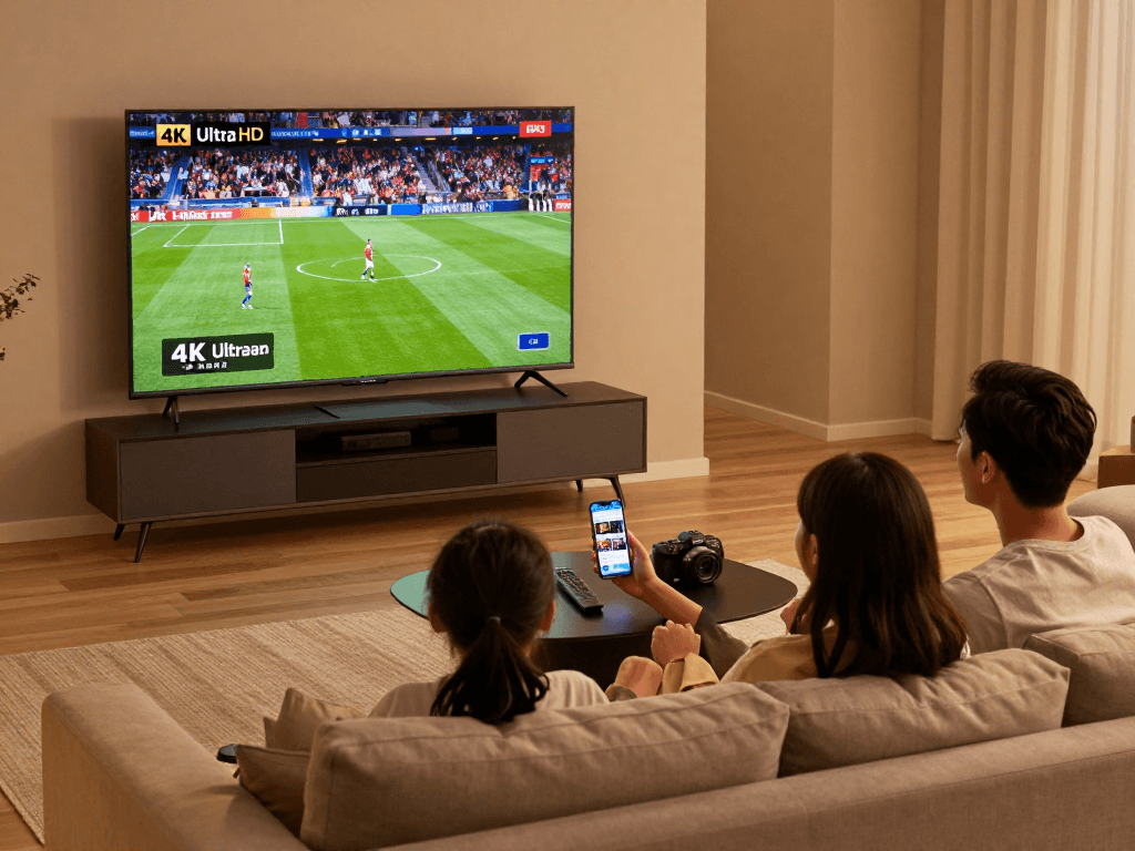Gezin geniet van iptv 4k streaming in een moderne woonkamer met een luxe tv.