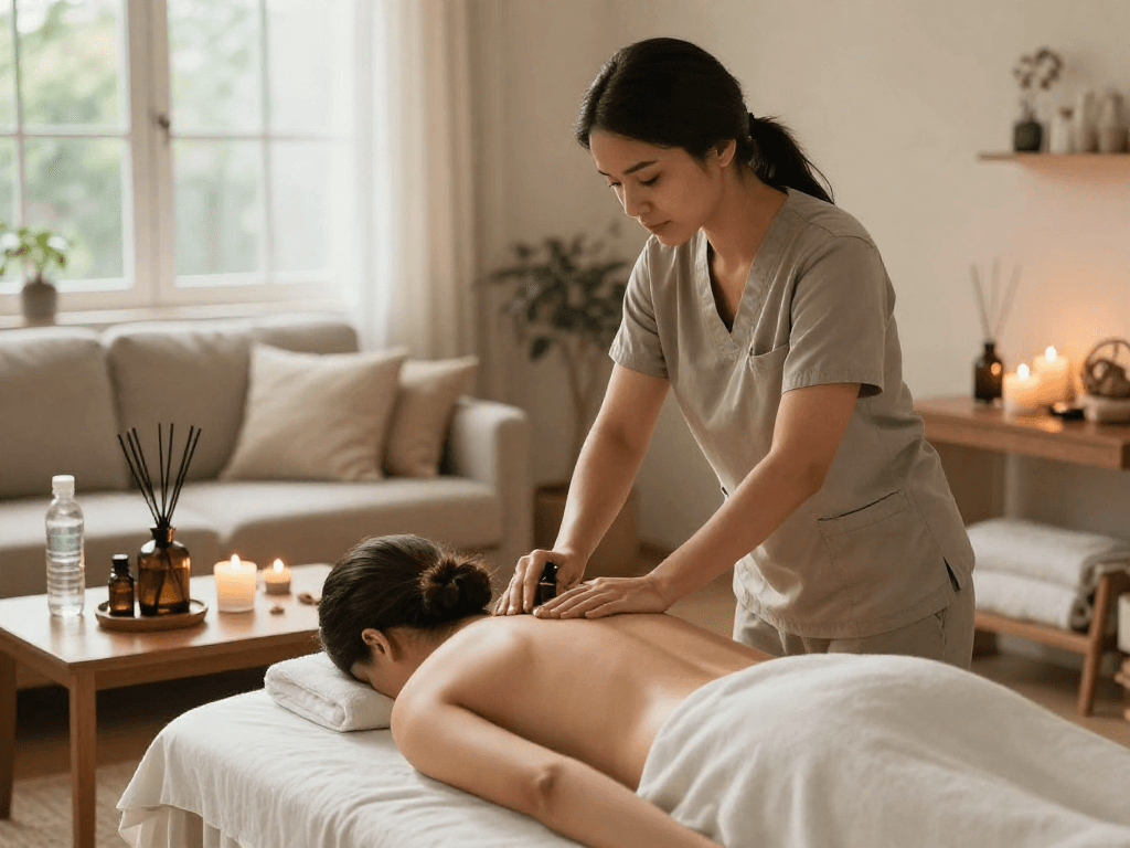 A relaxing 잠실출장마사지 experience in a cozy home environment with a therapist providing soothing care.