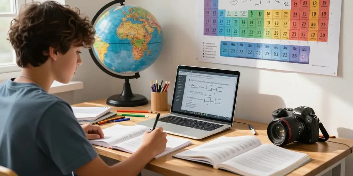 Focused student engaging in physics tuition at a bright study desk with textbooks and a laptop.