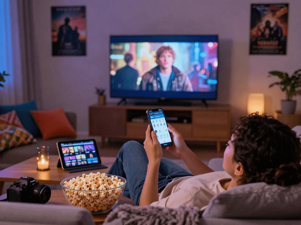 Enjoying the Moviebox app on a cozy sofa with popcorn and cinematic backdrop.