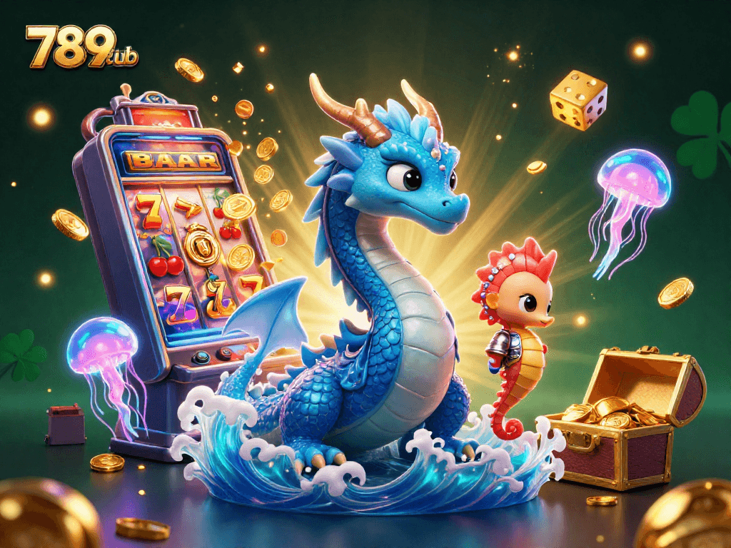 Experience the excitement of 789club with a vibrant 3D casino scene filled with dragons and jackpot slots.