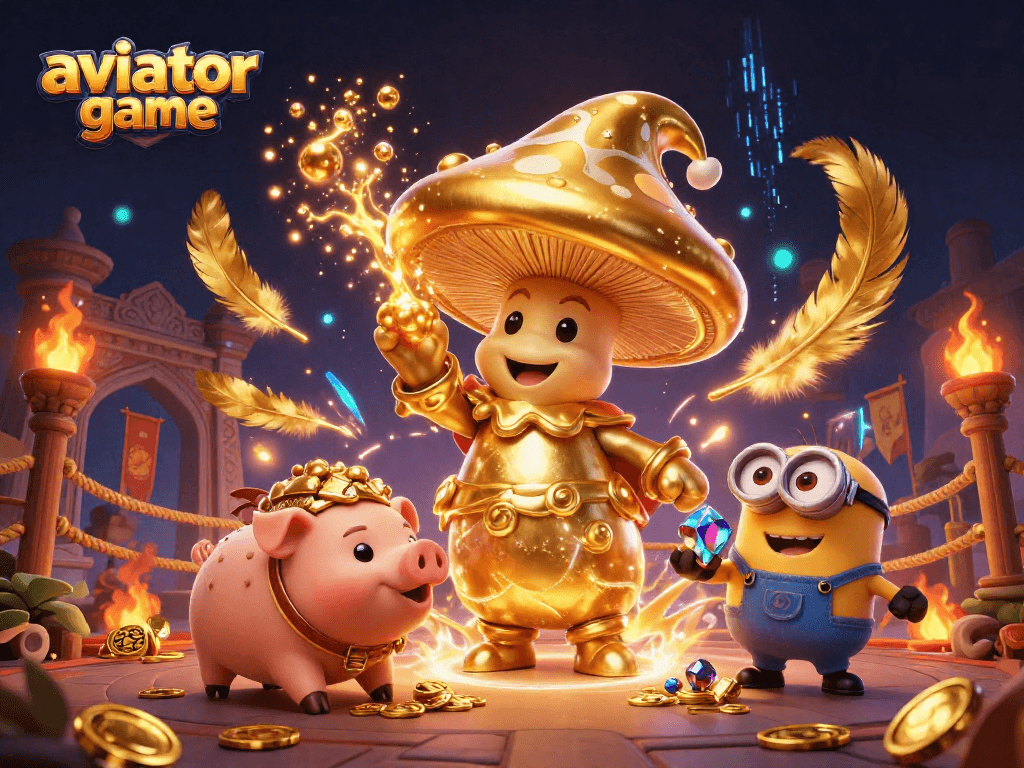 Experience the thrill of the aviator game with vibrant characters and gold elements in a lively casino setting.