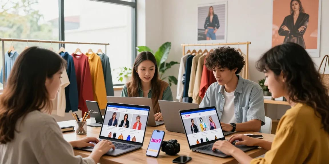 Young adults actively shopping online for lucky77 fashion trends in an inviting e-commerce environment.