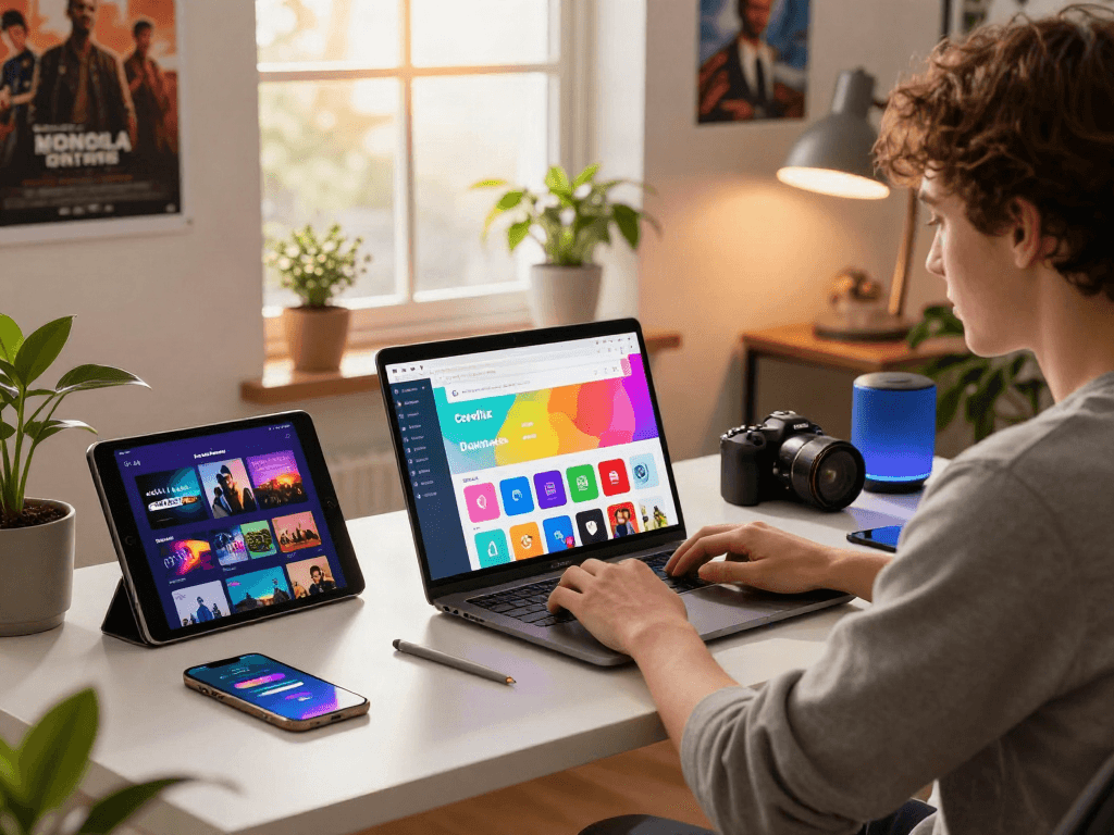 Cocoflix APK download page displayed on a laptop in a vibrant and modern home office setup with tech gadgets and warm lighting.