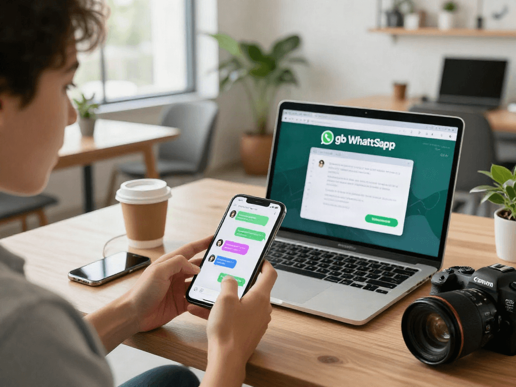 Engaging user interacting with gb whatsapp on smartphone in a modern workspace.