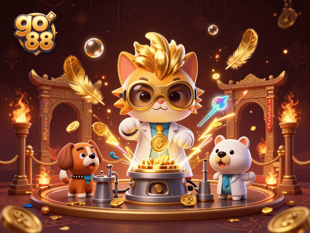 Engage with go 88's thrilling casino atmosphere featuring a mad scientist cat and golden treasures.
