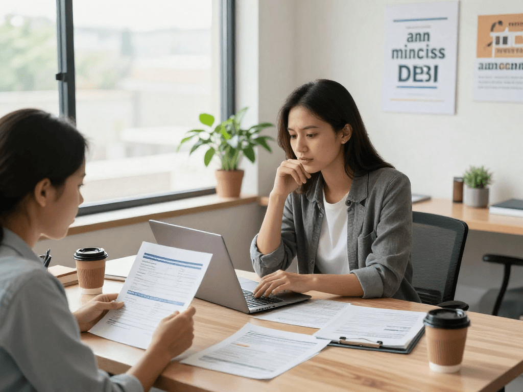 Professional financial counselor assisting a client with credit consolidation solutions in a calming office.