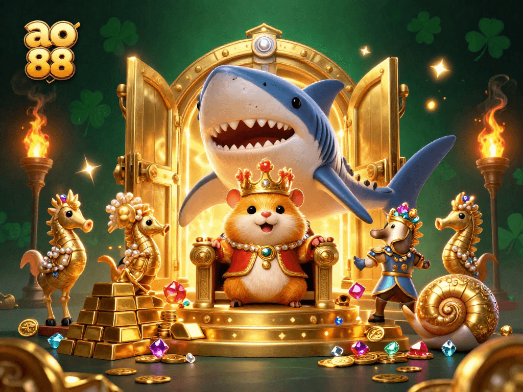Join the excitement at ao 88 with a golden hamster king and treasure in this casino-themed illustration.
