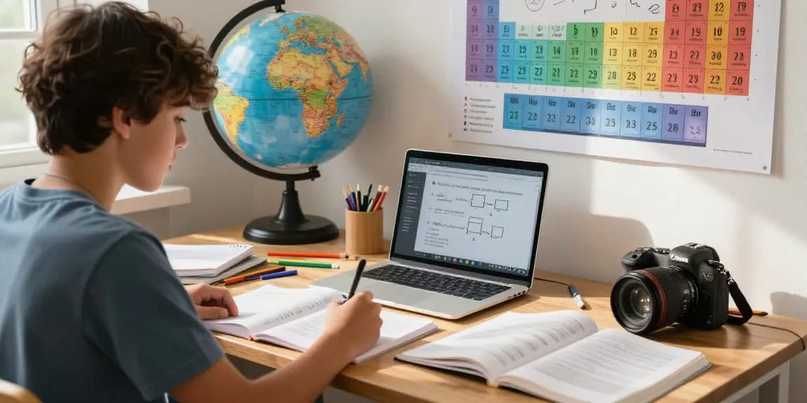 Focused student engaging in physics tuition at a bright study desk with textbooks and a laptop.