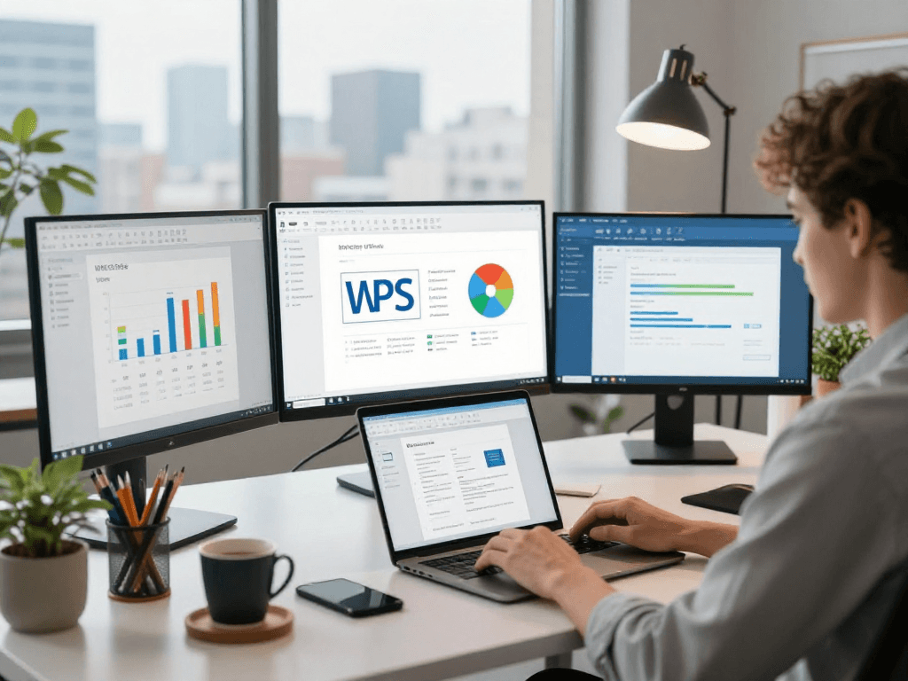 wps官网上的现代办公环境,显示多台显示器和WPS Office软件界面,营造出高效的工作氛围。