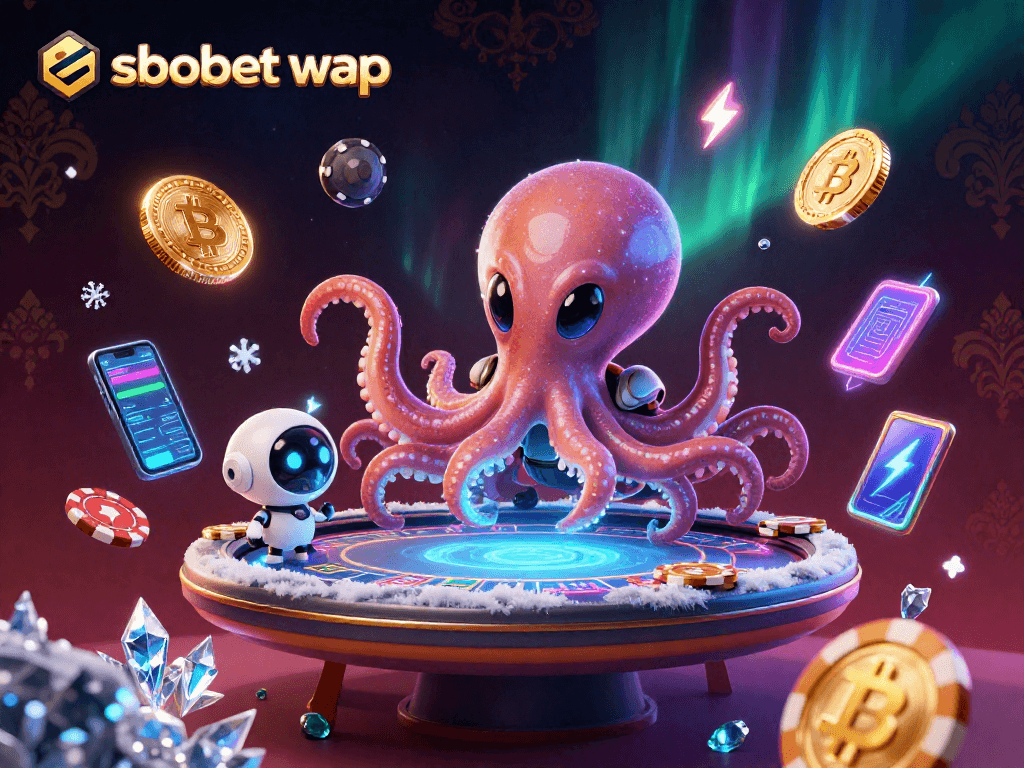 Engage with sbobet wap through a vibrant cosmic poker scene featuring an alien octopus and digital currency.