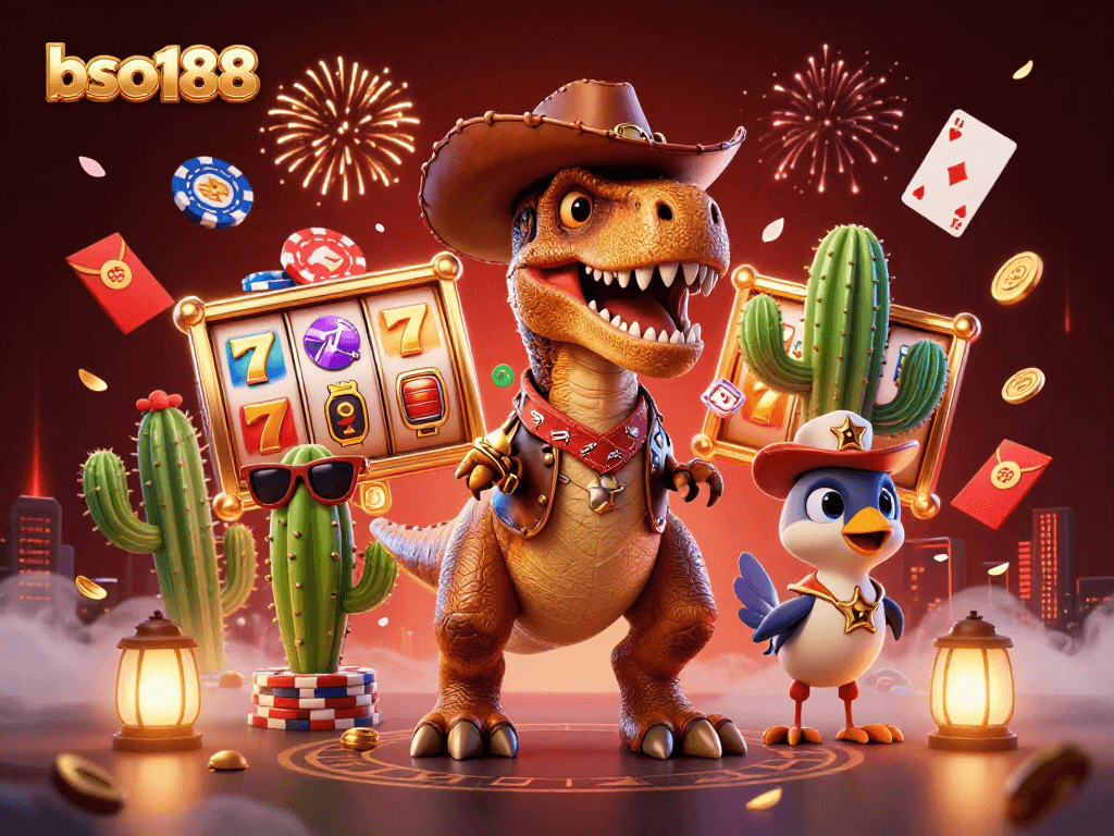 Engage with thrilling games at bso188 as a T-Rex cowboy and friends surround vibrant slot reels and poker elements.