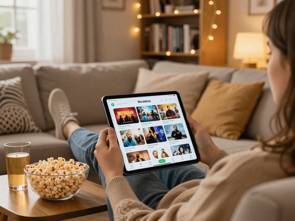 Engaging with the Moviebox apk in a cozy living room, showcasing a warm home entertainment vibe.