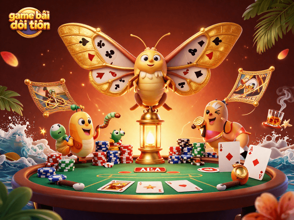 Engage with the exciting game bài đổi thưởng surrounded by a vibrant casino scene featuring a majestic moth.