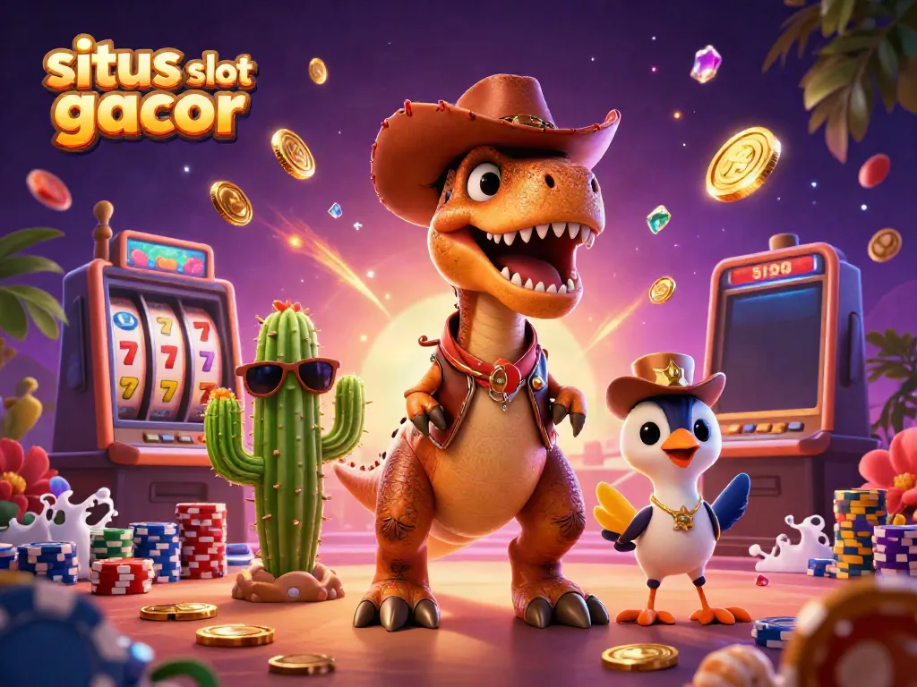 Slot gacor menampilkan dinosaurus kartun dengan chip poker dan koin emas bertebaran