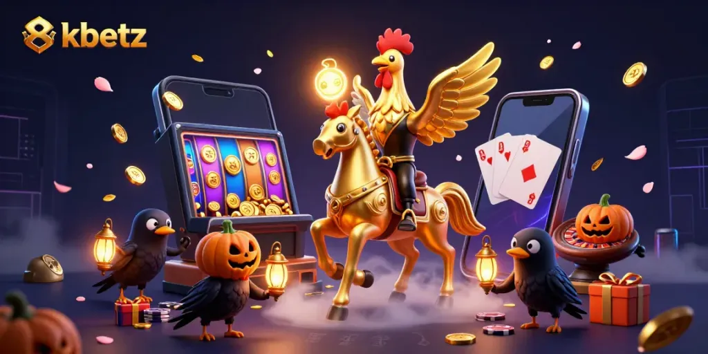 Engage in lively gaming action with 8xbetz as golden rooster and friends illuminate a midnight casino.