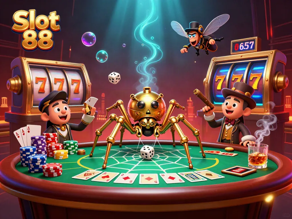 Spin to win with Slot 88's colorful, dynamic casino atmosphere showcasing a golden spider web.