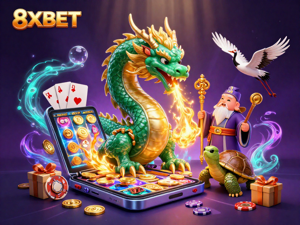 Experience the thrilling action at 8XBET with a vibrant illustration featuring lucky dragons, turtles, and gaming elements.