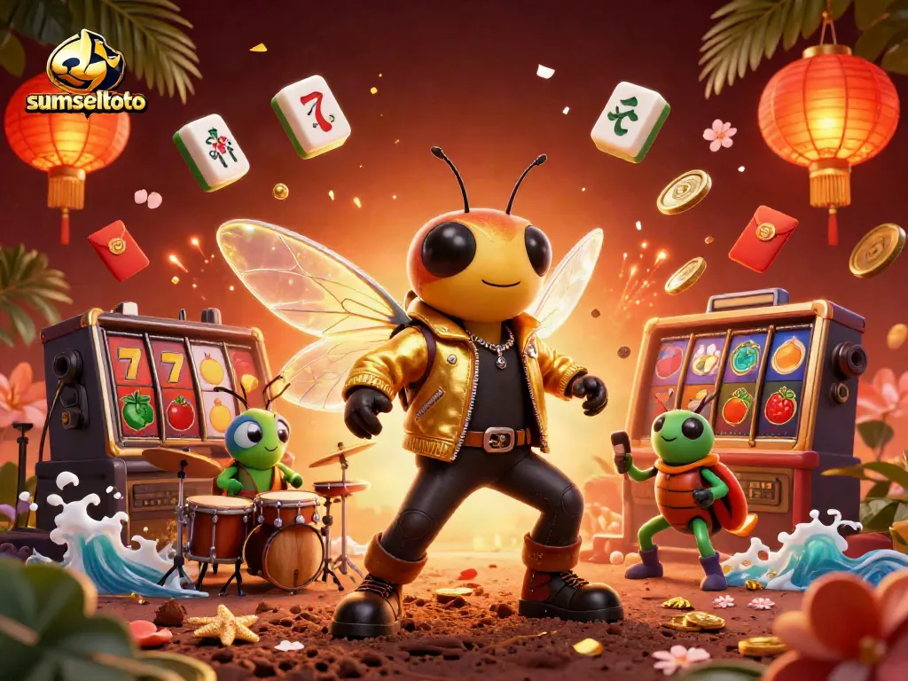 Engage with sumseltoto's vibrant casino scene featuring a rock star cicada, rich slot elements, and celebratory motifs.