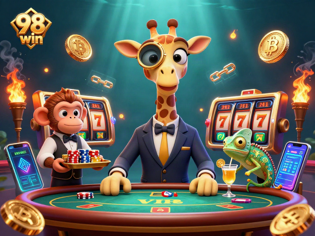 Experience thrilling action at 98 win with a vibrant casino scene featuring iconic characters and elements.
