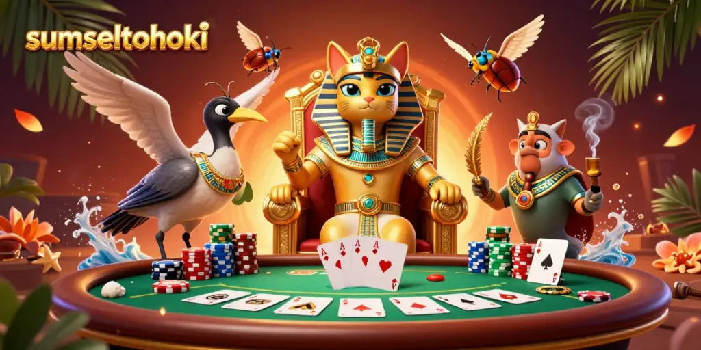 Experience thrilling gameplay at sumseltotohoki with an exciting poker scene featuring iconic Egyptian characters.