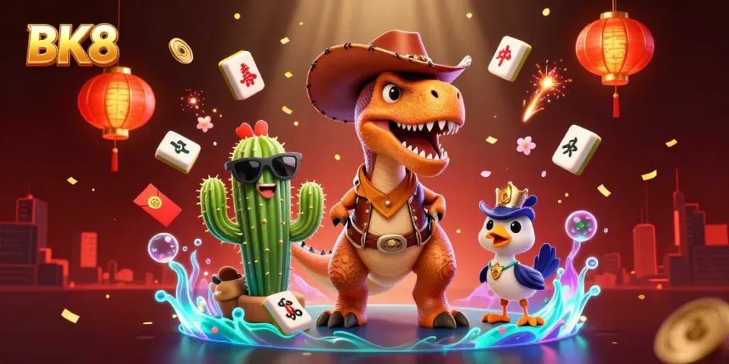 Engage with BK8's thrilling casino adventures featuring vibrant characters among floating gaming elements.