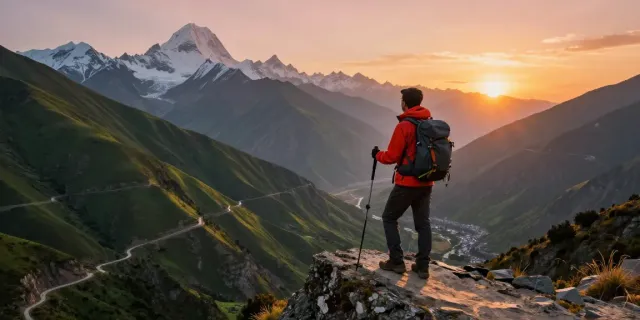 Trek to Manaslu Circuit showcasing a traveler at a mountain viewpoint during sunset