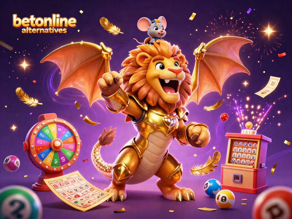 Bettors explore betonline alternatives with a dynamic 3D chimera and lottery visuals.