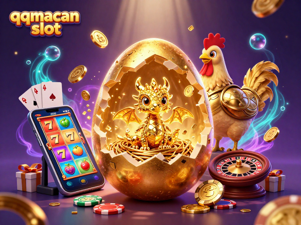 Engage with the qqmacan slot featuring a dragon on poker chips amidst vibrant casino elements.