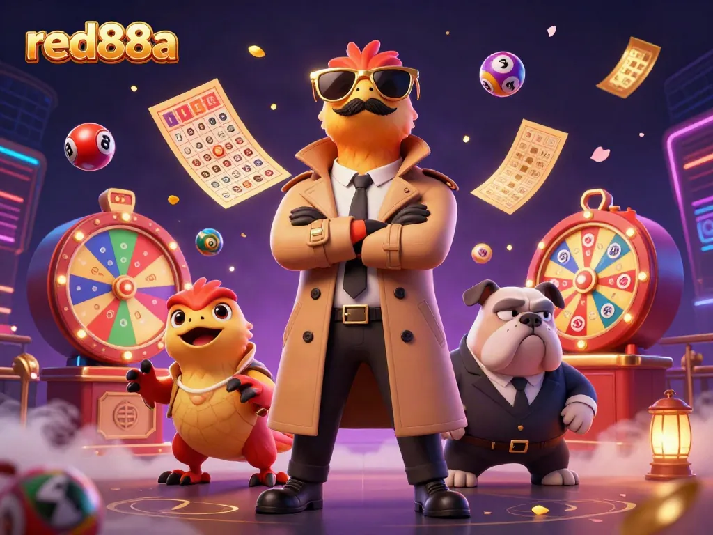 Engage with the vibrant atmosphere of red88a casino, featuring cartoon raptors attempting to enter a VIP area surrounded by dynamic lottery-themed elements.