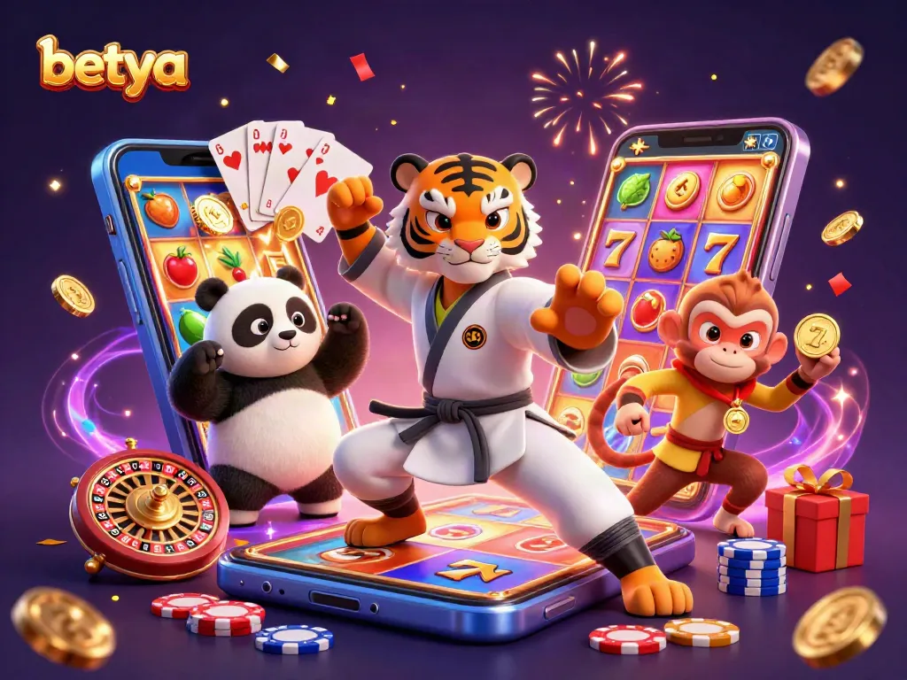 Experience the excitement of Betya's casino with playful characters, fun elements, and dynamic energy in a vibrant scene.
