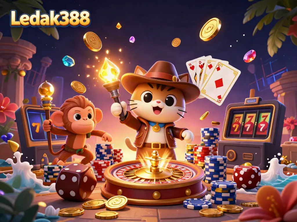 Immerse in the adventure of Ledak388 with a cartoon archaeologist cat discovering casino treasures amidst ancient traps.