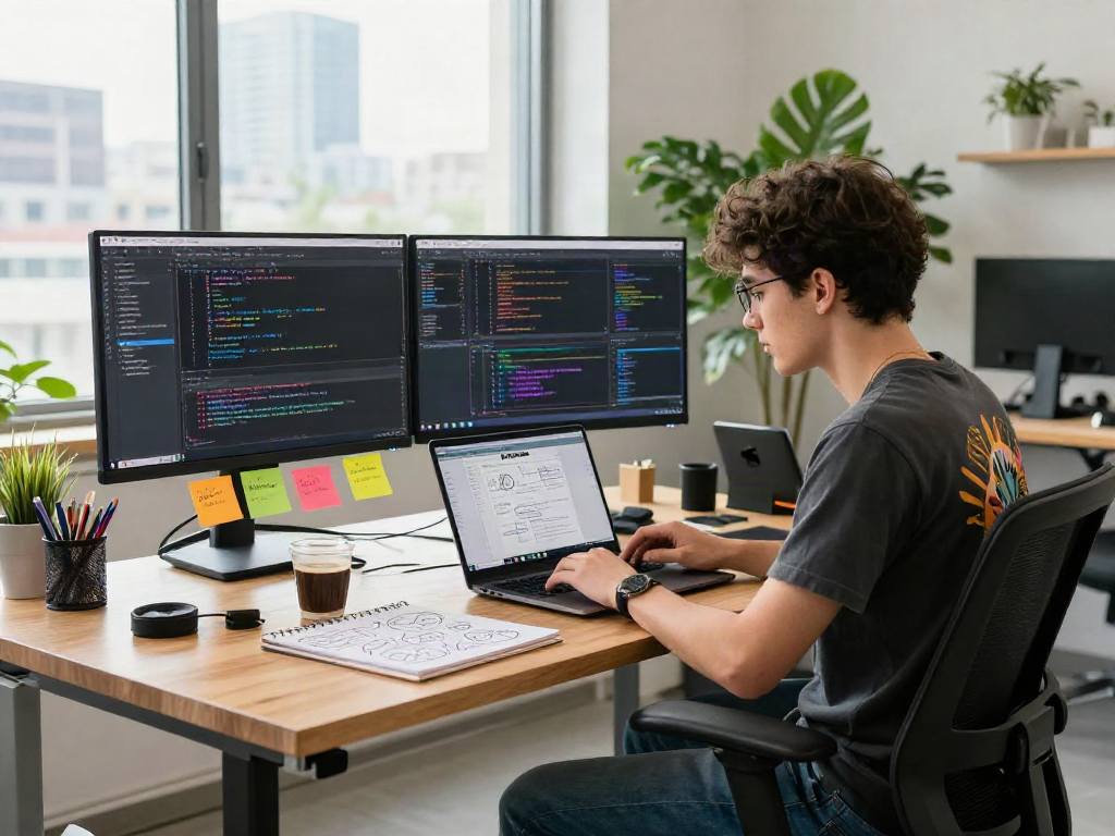 Developer engaging with the pikashow app in a sleek workspace, showcasing modern tech productivity.