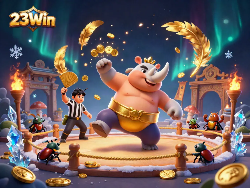 Capture the excitement of betting at 23Win with a dynamic scene of a beetle sumo champion amidst shimmering coins.