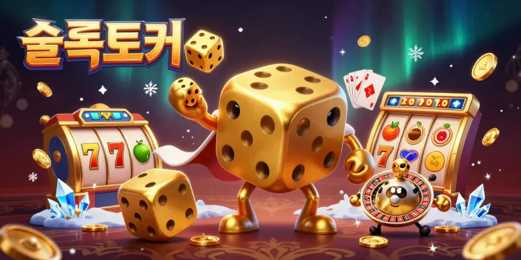 Engage with 슬롯토커 as a golden dice golem juggles casino elements, showcasing vibrant slot machine excitement.