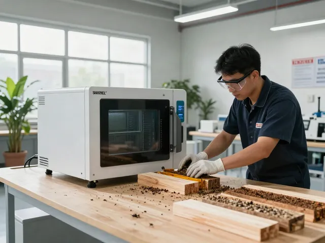SHASHEL® microwave equipment effectively treating wood for pests in a modern facility.