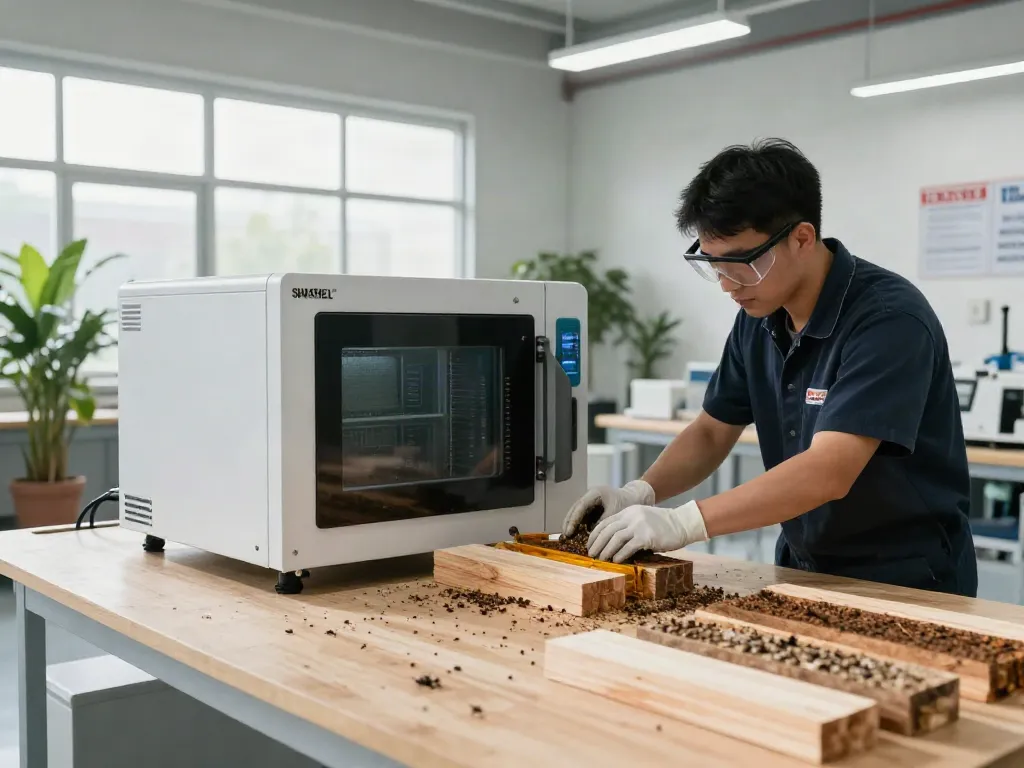 SHASHEL® microwave equipment effectively treating wood for pests in a modern facility.