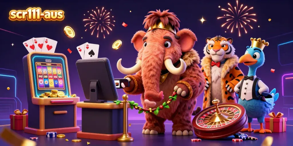 Engage with scr111-aus at the entrance of a vibrant casino, where a woolly mammoth checks IDs.
