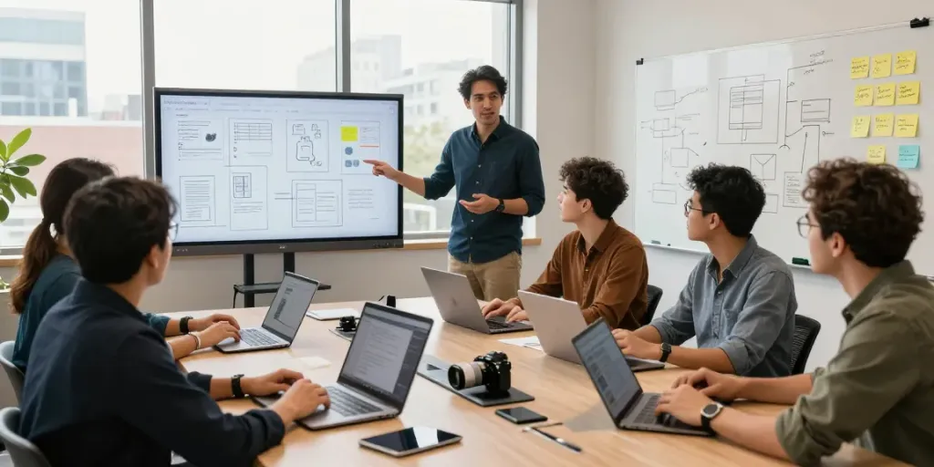 MVP development service team collaborating in a modern workspace, discussing project wireframes and ideas.