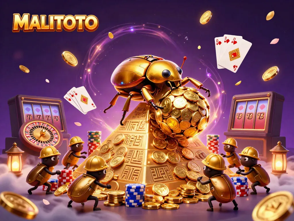 MALITOTO presents a dynamic 3D scene of a golden dung beetle rolling coins, capturing casino excitement vividly.