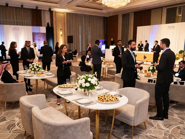 Event rental KSA setup for a high-end corporate event with elegant decor and AV technology.