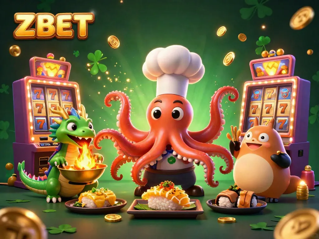 Experience ZBET's vibrant gaming with a sushi chef octopus and a dragon in an enchanting casino setting.