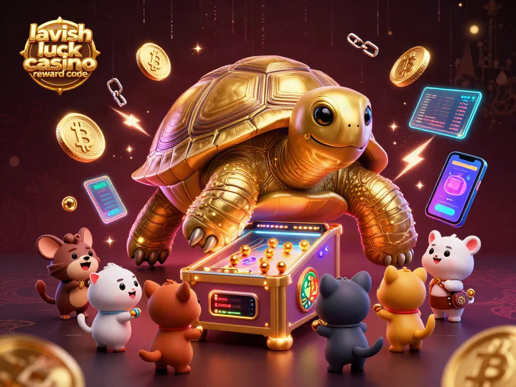 Spin and win with the lavish luck casino reward code, featuring a vibrant tortoise and excited animals playing!
