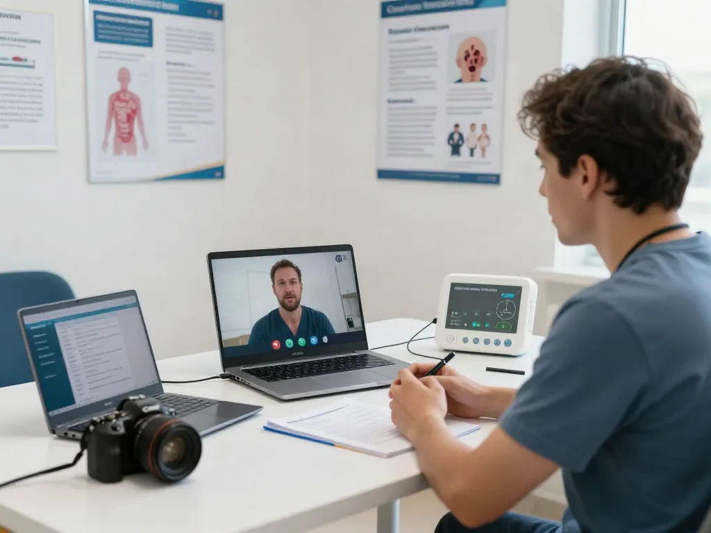 Telemedicine for stroke consultation through virtual video call in a professional healthcare setting.