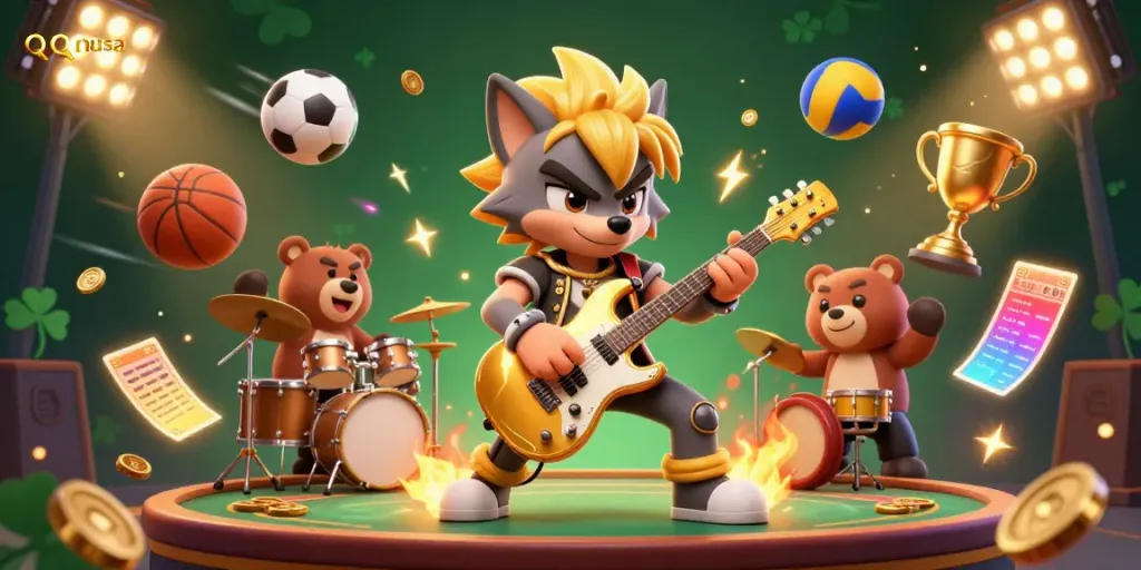 Catch the excitement of qqnusa with electrifying casino-themed 3D visuals featuring a rock star wolf and dynamic gaming elements.