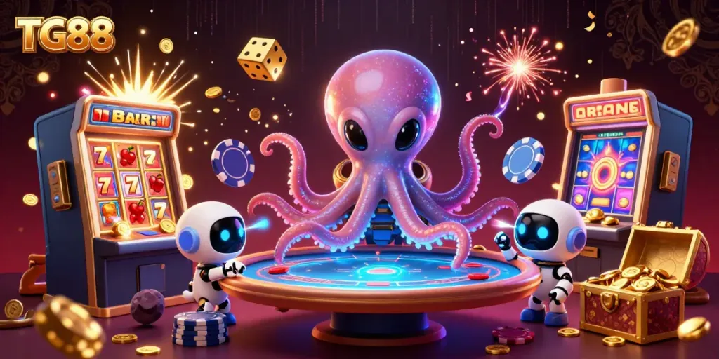 Experience a vibrant TG88 casino adventure featuring a cartoon alien octopus at a poker table with dynamic elements.